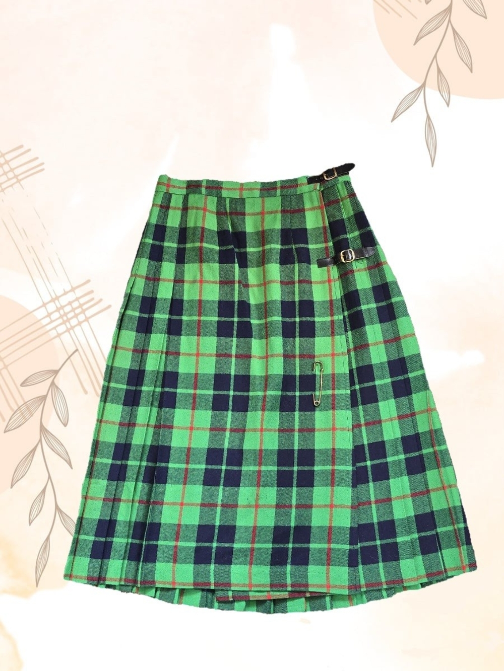 Rare Vintage 70s Larry Levine Wool Plaid Wrap Skirt – Green, Navy & Red